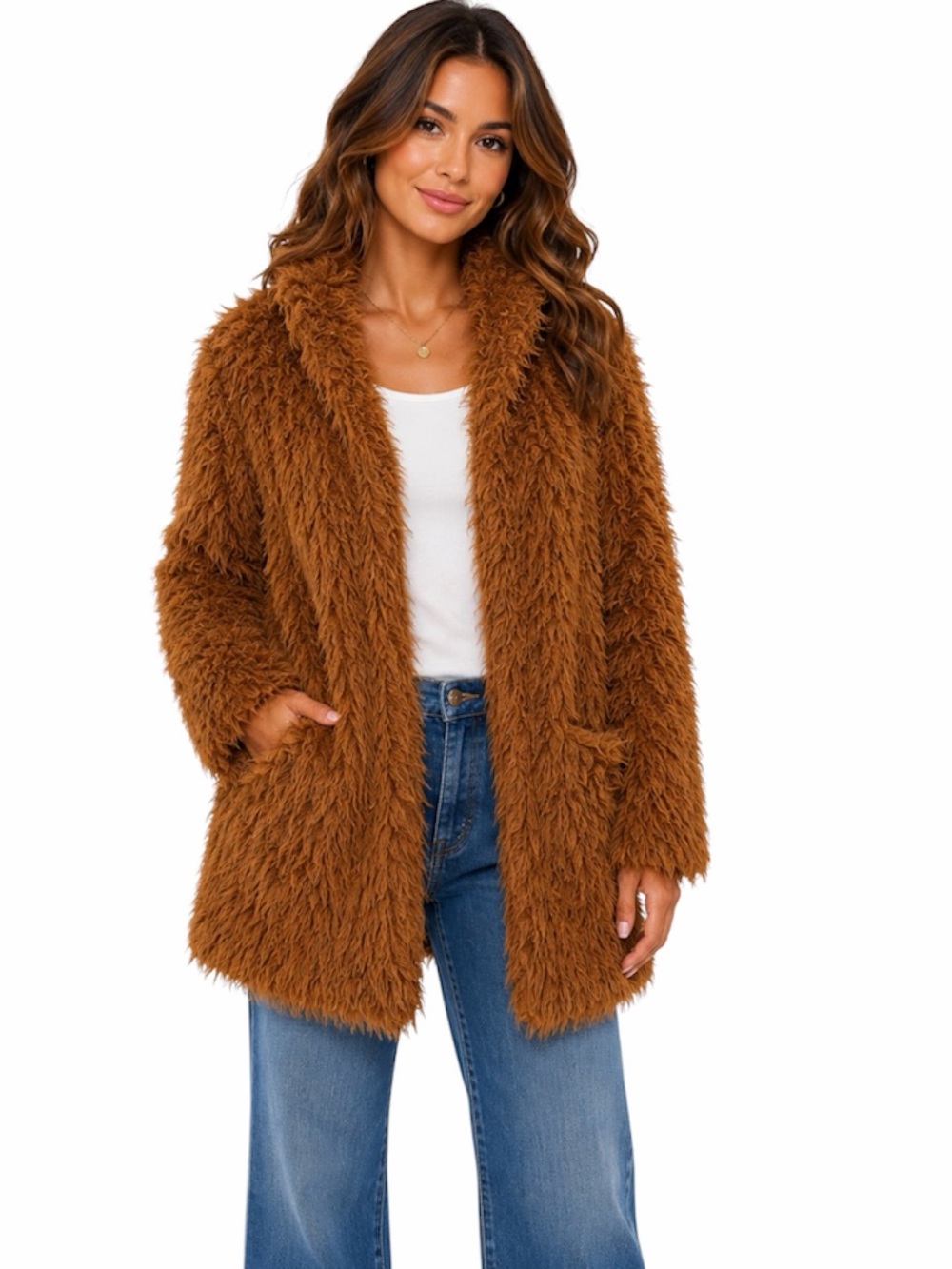 🦋Love Tree Women’s Brown Shaggy Faux Fur Coat Size Medium Open Front cozy bear